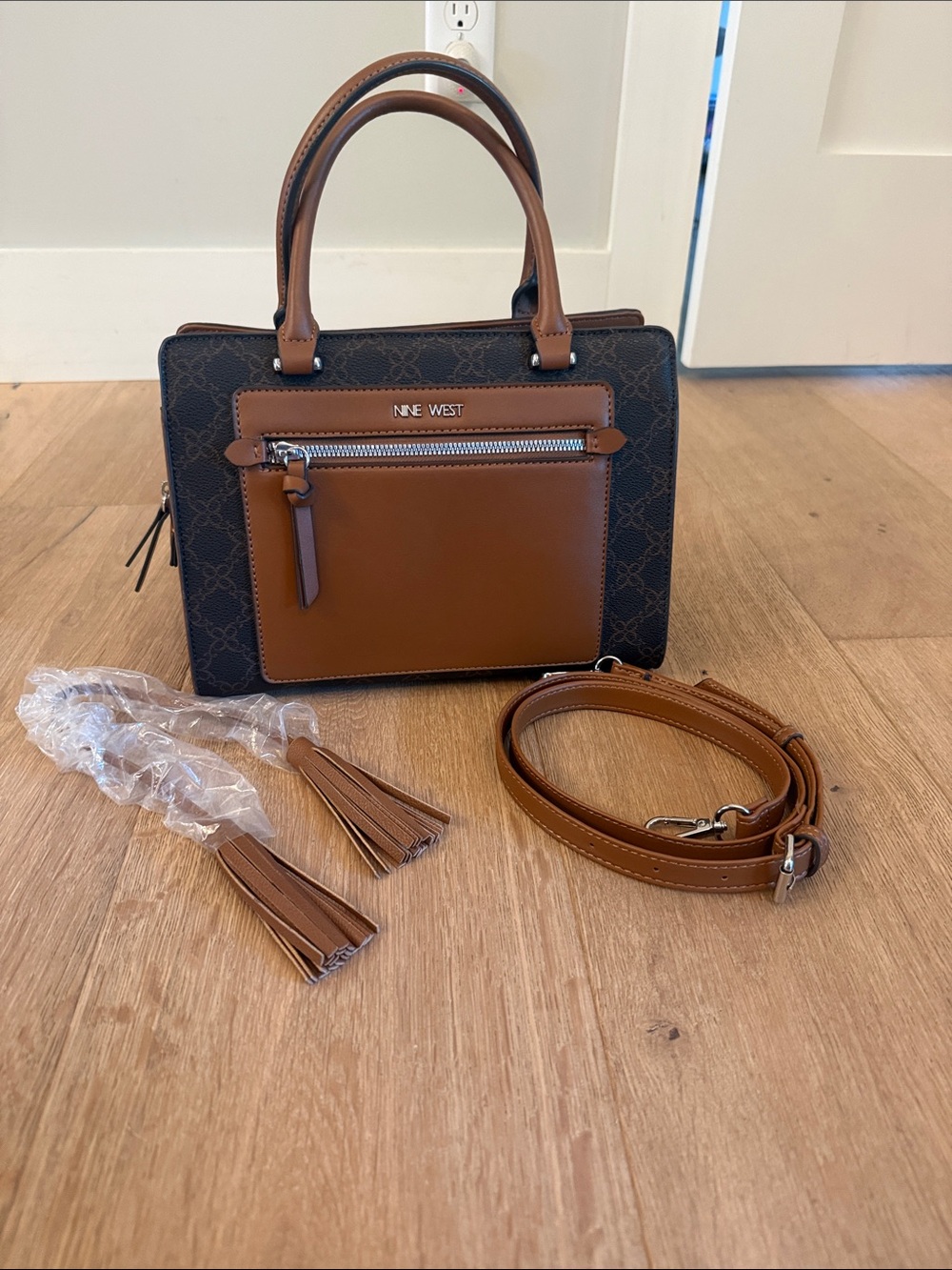 Nine West Black and Brown Logo purse, pocketbook, handbag with Front Pocket